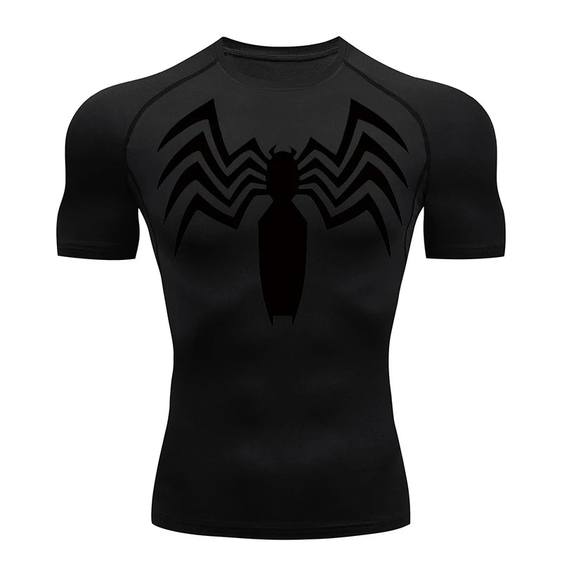 Spider Print Compression Shirts for Men Summer Short Sleeve Rash Guard Gym Workout Running Tshirt Athletic Quick Dry Tees Tops