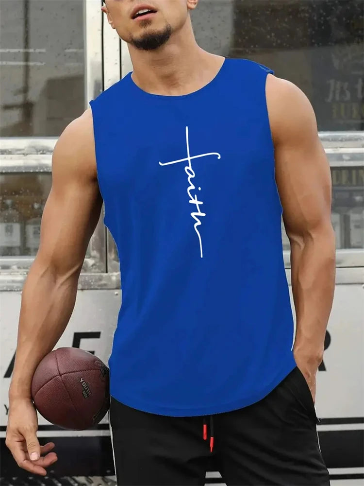 Men's Summer Sports T-Shirt Cross Print Running Tank Top Stretch Quick-Dry Athletic Top Fitness Sports Tank Men's Training Shirt