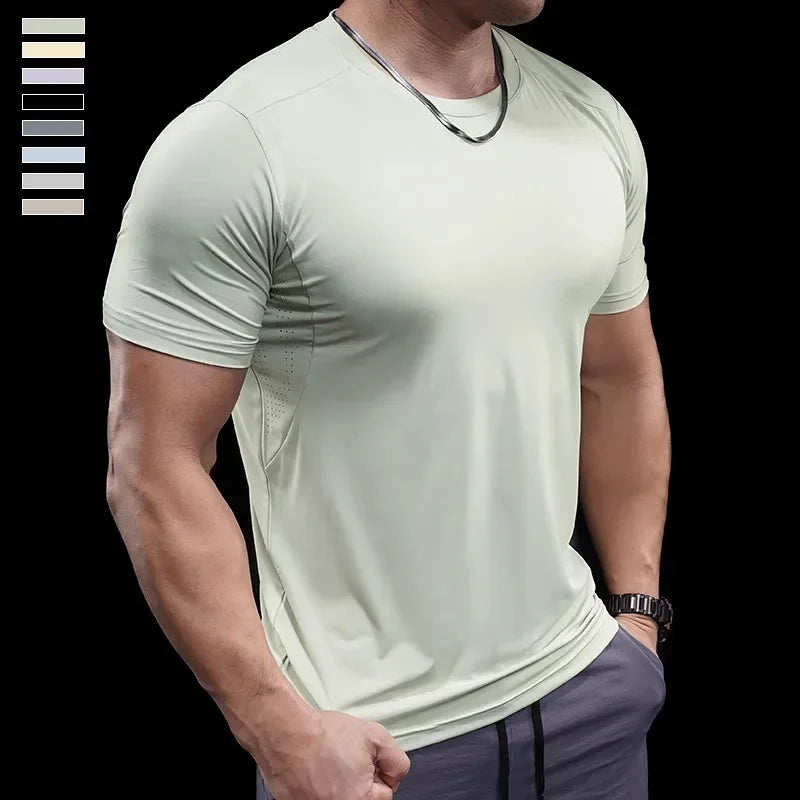 Summer New Basketball Men's Running Training Sports Gym Fitness High Elastic Quick-drying Casual Short-sleeved T-shirt Tops