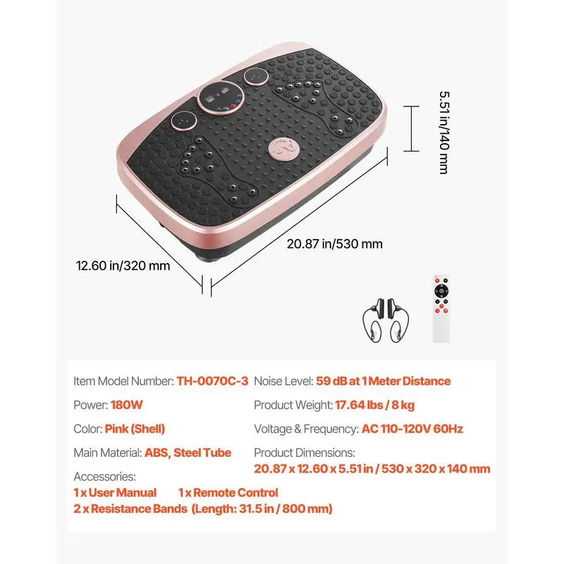 Vibration Plate Exercise Machine, Whole Body Shaker with Magnetic Acupoints for Lymphatic Drainage and Weight Loss, Home Workout Gym Fitness Equipment with 2 Resistance Bands for Women Men, Pink