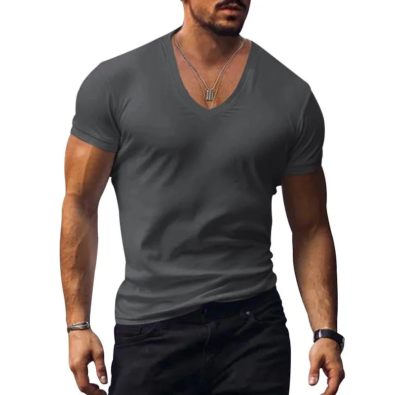 2025 Summer New Fashion Casual V-neck Men Solid Color exercise T-Shirts Men slim Quick-drying breathable thin short sleeve Tops