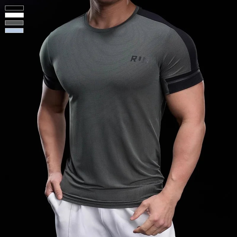2025 Spring Summer Men's Running Training Sports Gym Fitness Top Quick Dry Breathable High Elastic Short Sleeve T-shirt Men