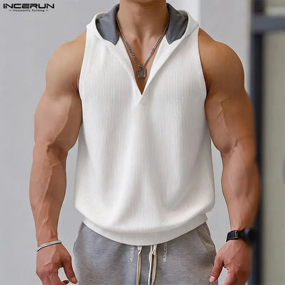 INCERUN Men's Tank Tops Patchwork Sleeveless Hooded Casual Male Vests Summer Streetwear Loose 2026 Casual Men Clothes Tops S-3XL