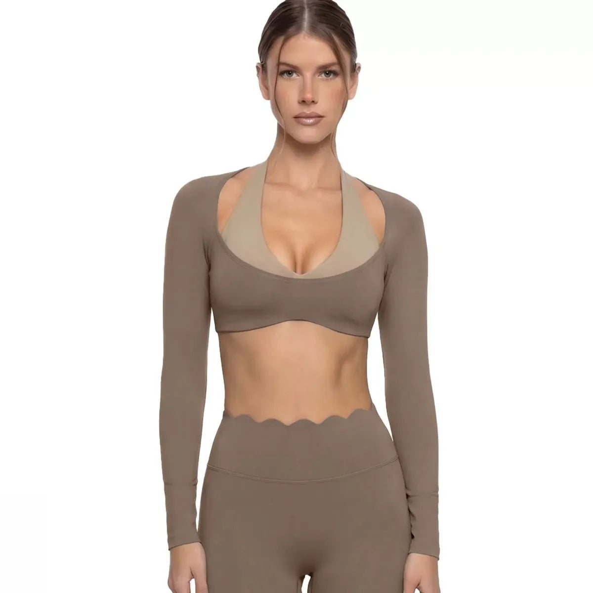 Women's Fake Two-Piece Sports Long Sleeve Halter Neck Pilates Yoga Shirt Slim Fit Fitness Sports Top Leggings Workout Tights