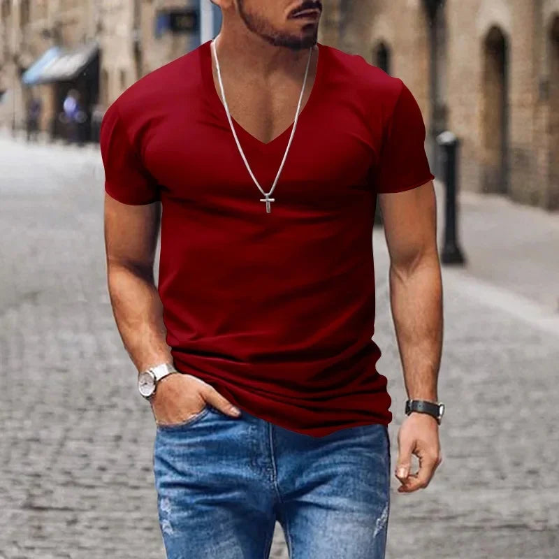 2025 Summer New Fashion Casual V-neck Men Solid Color exercise T-Shirts Men slim Quick-drying breathable thin short sleeve Tops
