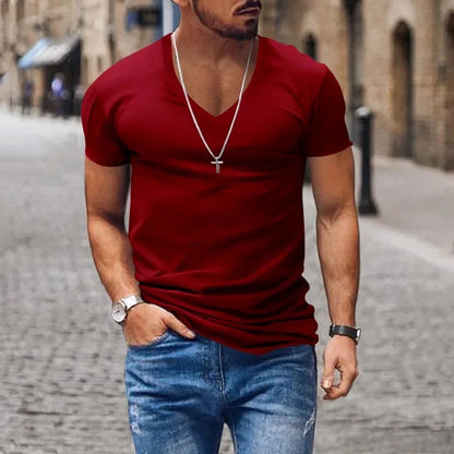 2025 Summer New Fashion Casual V-neck Men Solid Color exercise T-Shirts Men slim Quick-drying breathable thin short sleeve Tops