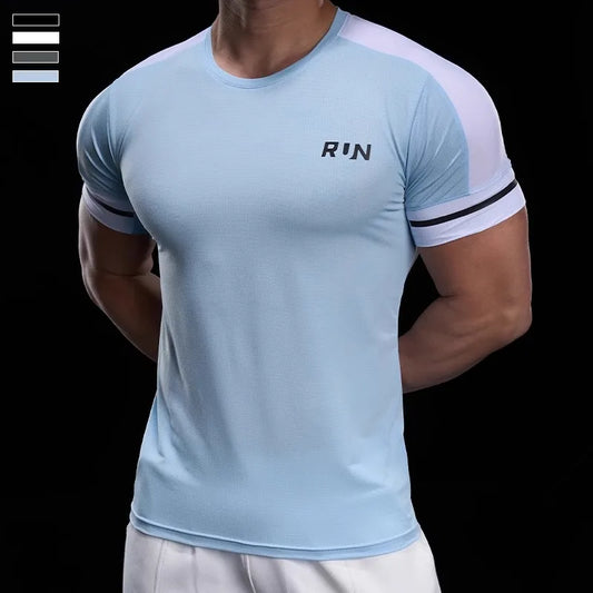 2025 Spring Summer Men's Running Training Sports Gym Fitness Top Quick Dry Breathable High Elastic Short Sleeve T-shirt Men