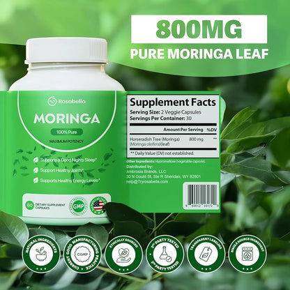 Moringa Capsules - Pure Moringa Powder, Energy, Skin, Immune & Gut Health, Rich in Antioxidant, Essential Vitamins & Amino Acids
