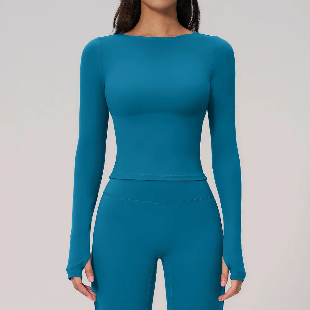 Women's Yoga Long Sleeve Slim Solid Color Fitness Top Gym Exercise Running Shirt Bare Feel Breathable High Elasticity Sports Top