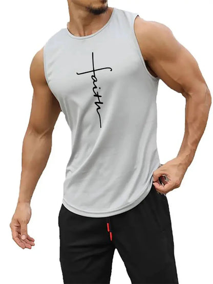 Men's Summer Sports T-Shirt Cross Print Running Tank Top Stretch Quick-Dry Athletic Top Fitness Sports Tank Men's Training Shirt