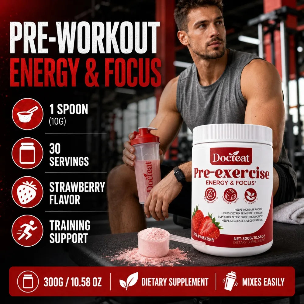 Docteat Pre Workout Powder Strawberry, Energy & Focus Support, Beta-Alanine, L-Citrulline, Rhodiola, 300g, 30 Servings Drink Mix