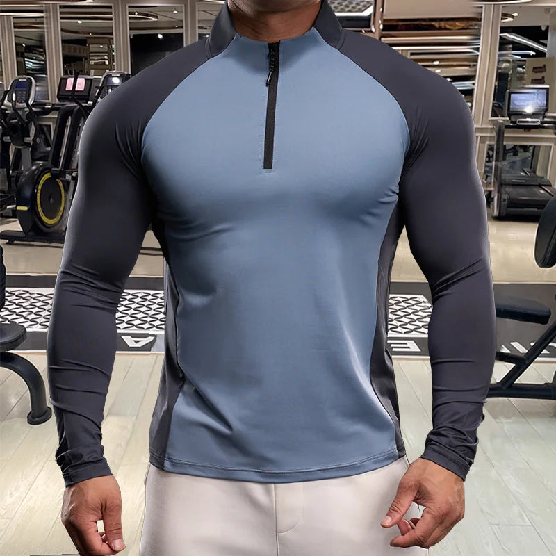 Men Fitness Quick Dry Sport Long Sleeves T-shirt Running Fitness Workout Breathable Sportswear Gym Shirt Half Zipper Long Sleeve
