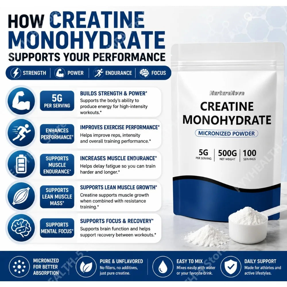 Micronized Creatine Monohydrate Powder 500g, 100 Servings, 5g Scoop, Sports Nutrition Supplement for Men & Women
