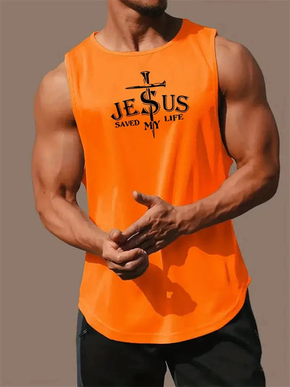 Men's Summer Sports T-Shirt Cross Print Running Tank Top Stretch Quick-Dry Athletic Top Fitness Sports Tank Men's Training Shirt