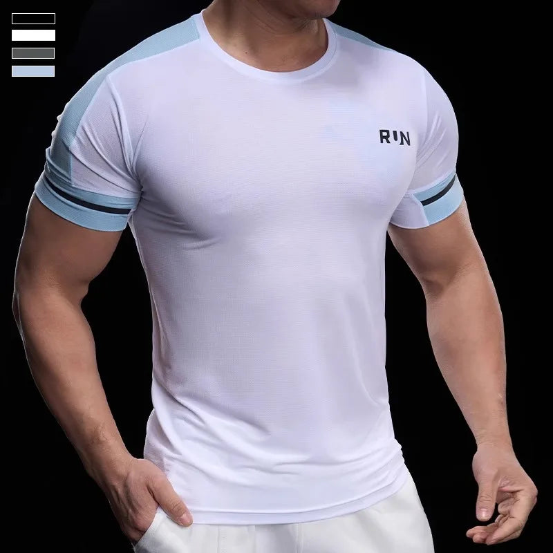 2025 Spring Summer Men's Running Training Sports Gym Fitness Top Quick Dry Breathable High Elastic Short Sleeve T-shirt Men