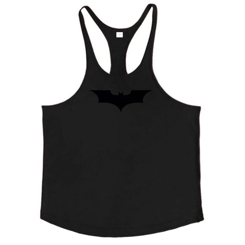 Black Bat Print Cotton Breathable Sport Tank Tops Mens Bodybuilding Sleeveless Y-Back T-shirts Gym Fitness Workout Muscle Vests