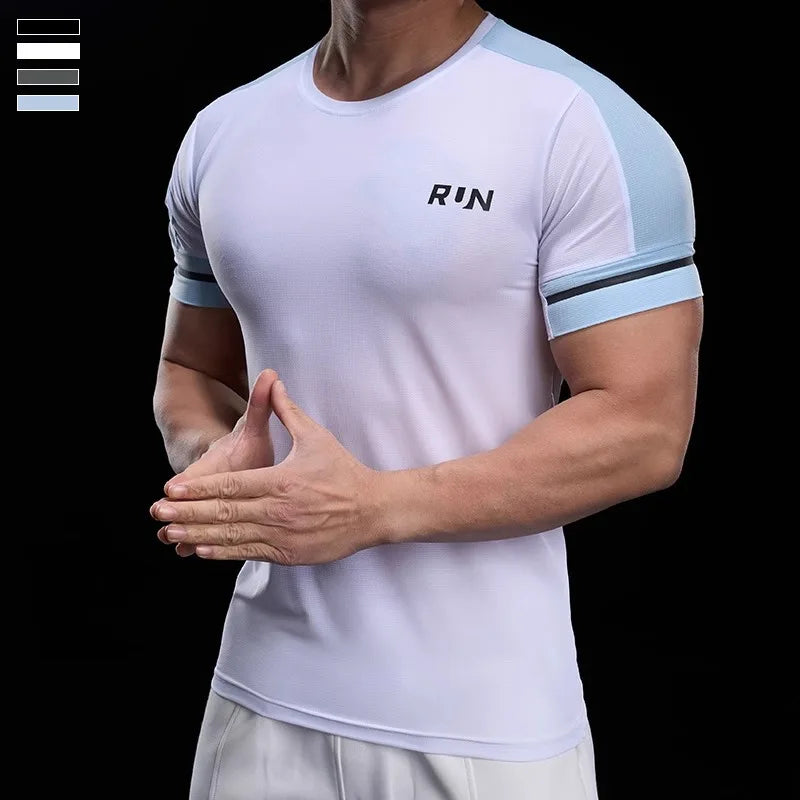 2025 Spring Summer Men's Running Training Sports Gym Fitness Top Quick Dry Breathable High Elastic Short Sleeve T-shirt Men