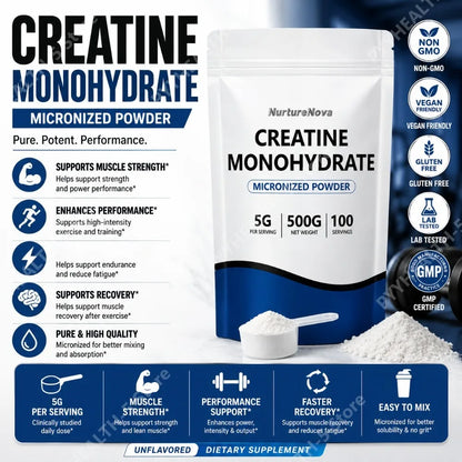 Micronized Creatine Monohydrate Powder 500g, 100 Servings, 5g Scoop, Sports Nutrition Supplement for Men & Women