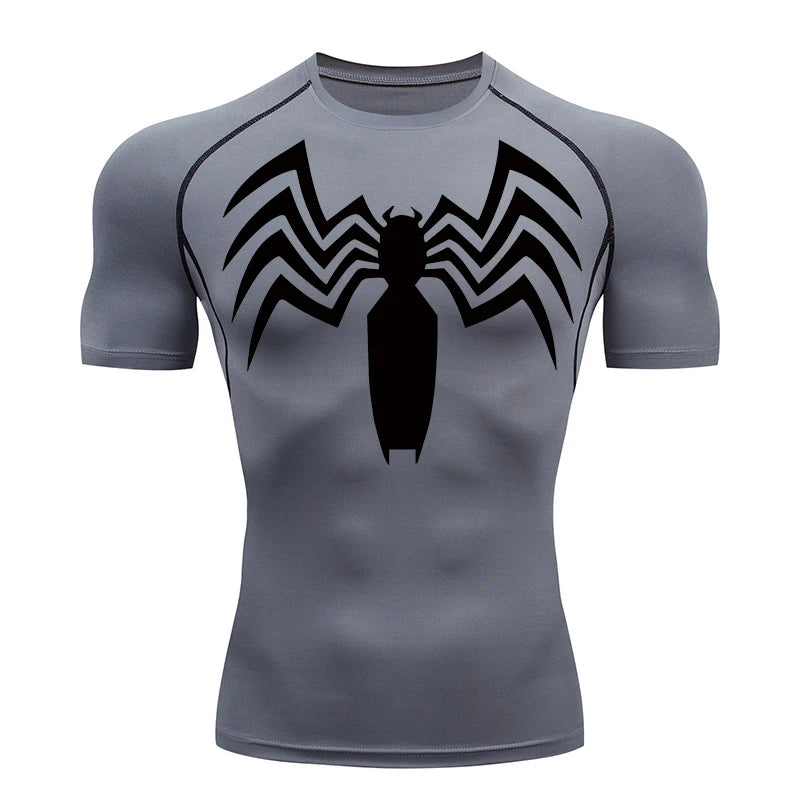 Spider Print Compression Shirts for Men Summer Short Sleeve Rash Guard Gym Workout Running Tshirt Athletic Quick Dry Tees Tops