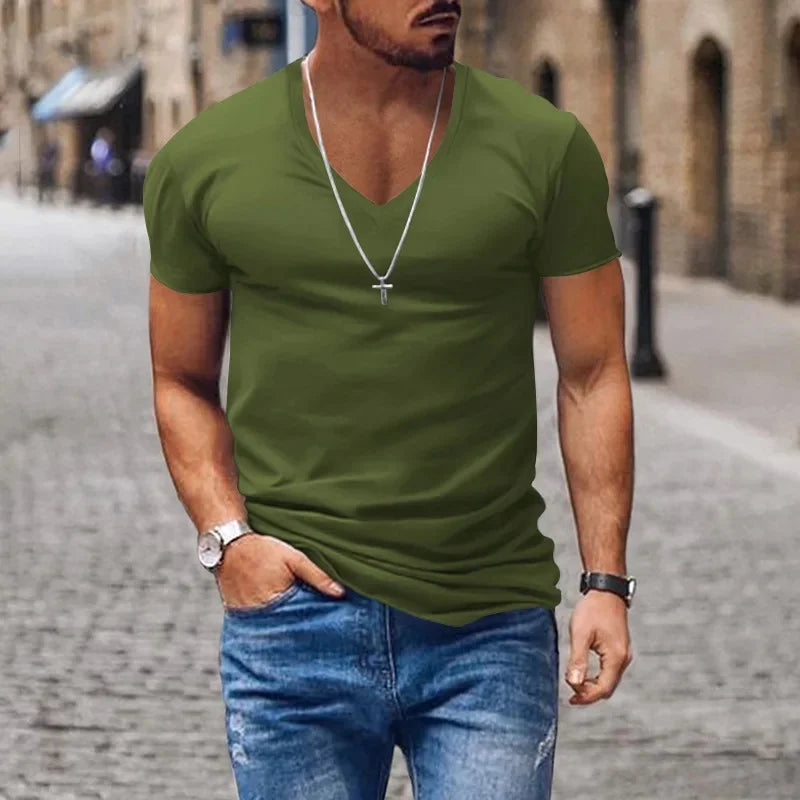 2025 Summer New Fashion Casual V-neck Men Solid Color exercise T-Shirts Men slim Quick-drying breathable thin short sleeve Tops