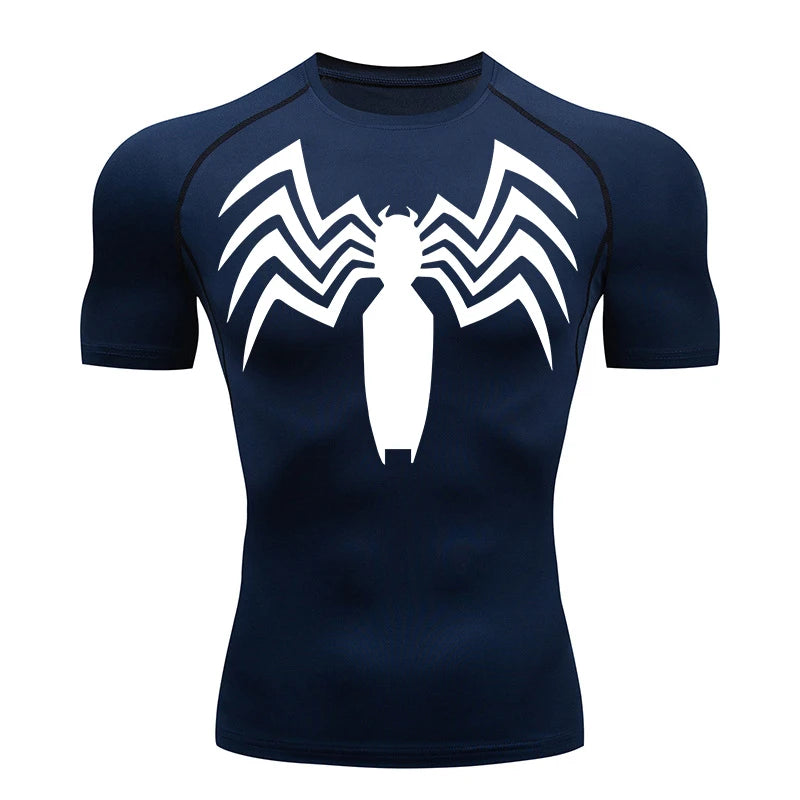 Spider Print Compression Shirts for Men Summer Short Sleeve Rash Guard Gym Workout Running Tshirt Athletic Quick Dry Tees Tops