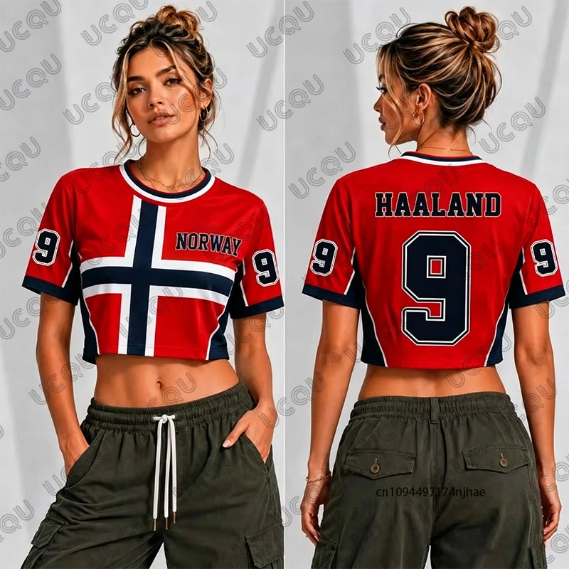 2026 Norway Haaland No.9 Print T-Shirt For Women Summer Short Sleeve Sexy Crop Top Football Jersey Y2k Surfing Tees Casual Tops
