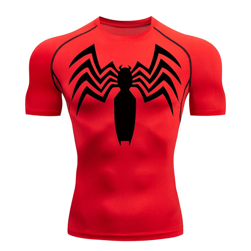 Spider Print Compression Shirts for Men Summer Short Sleeve Rash Guard Gym Workout Running Tshirt Athletic Quick Dry Tees Tops