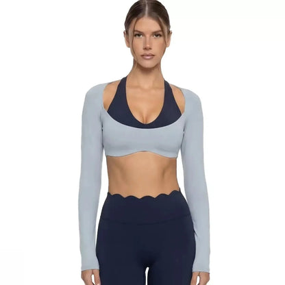 Women's Fake Two-Piece Sports Long Sleeve Halter Neck Pilates Yoga Shirt Slim Fit Fitness Sports Top Leggings Workout Tights