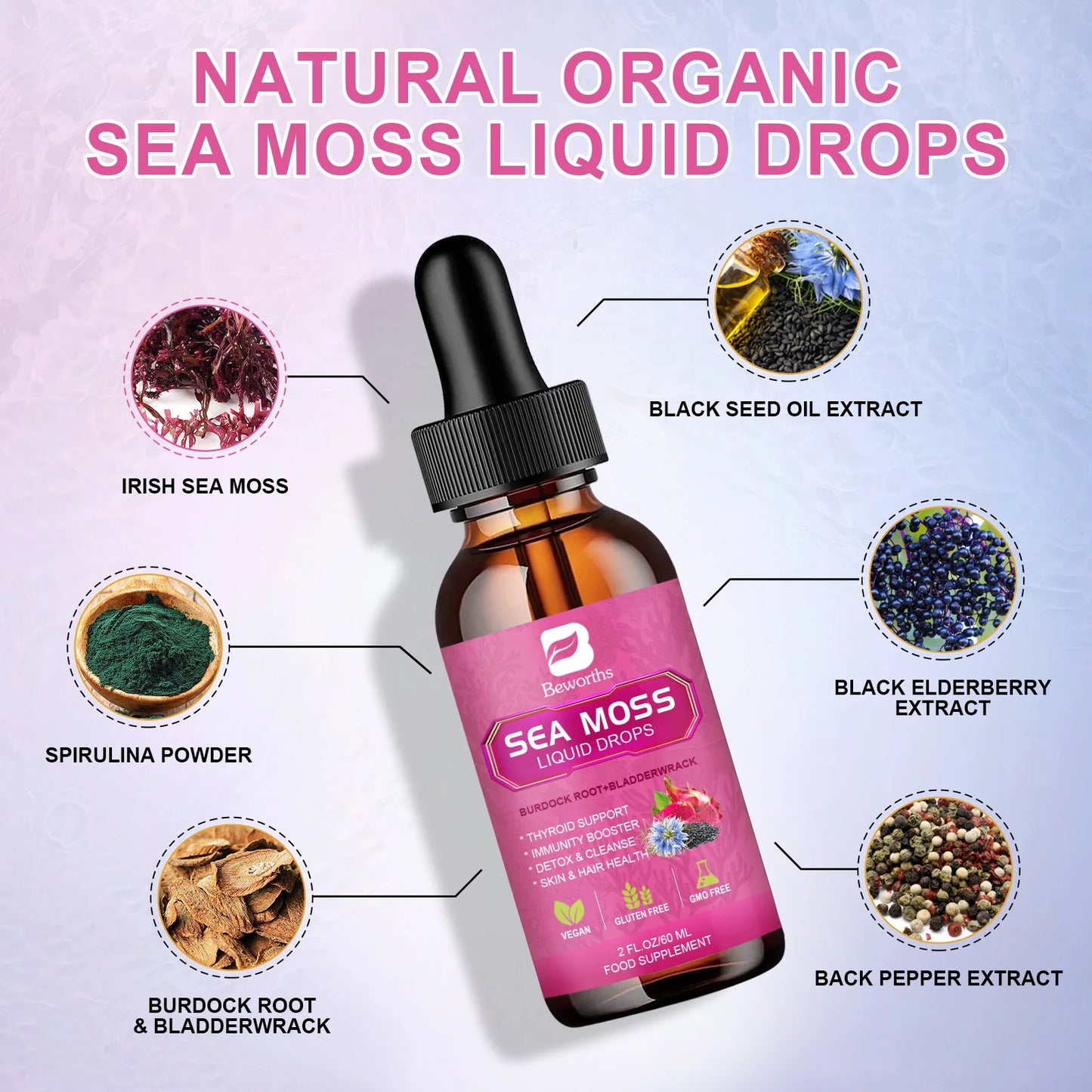 BEWORTHS 3000MG Seamoss Liquid Drop Organic Black Seed Oil & Burdock Root Bladder Enhance Immunity, Hair,Skin & Digestion Health