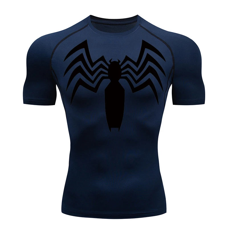 Spider Print Compression Shirts for Men Summer Short Sleeve Rash Guard Gym Workout Running Tshirt Athletic Quick Dry Tees Tops