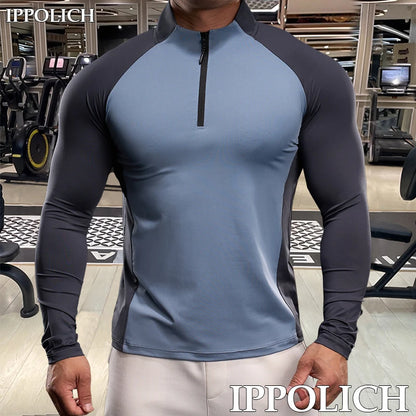 Men Fitness Quick Dry Sport Long Sleeves T-shirt Running Fitness Workout Breathable Sportswear Gym Shirt Half Zipper Long Sleeve