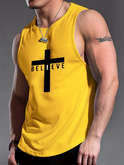 Men's Summer Sports T-Shirt Cross Print Running Tank Top Stretch Quick-Dry Athletic Top Fitness Sports Tank Men's Training Shirt
