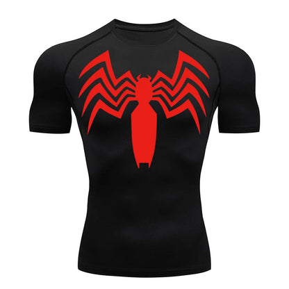 Spider Print Compression Shirts for Men Summer Short Sleeve Rash Guard Gym Workout Running Tshirt Athletic Quick Dry Tees Tops