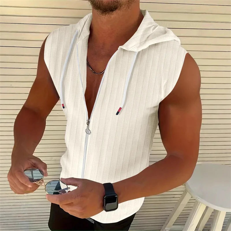 5 colors available for men's hooded sleeveless zipper plaid men's sportswear Slim fit breathable men's casual breathable shirt