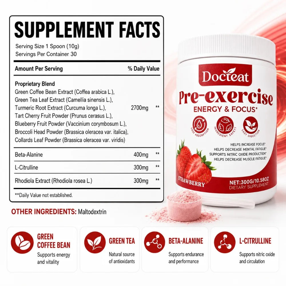 Docteat Pre Workout Powder Strawberry, Energy & Focus Support, Beta-Alanine, L-Citrulline, Rhodiola, 300g, 30 Servings Drink Mix
