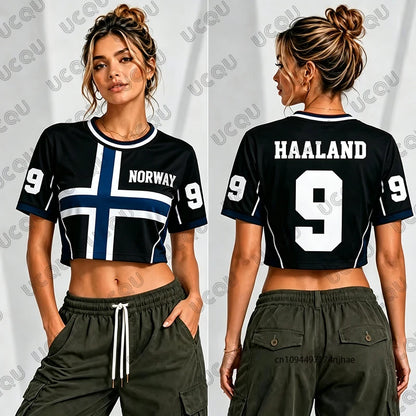 2026 Norway Haaland No.9 Print T-Shirt For Women Summer Short Sleeve Sexy Crop Top Football Jersey Y2k Surfing Tees Casual Tops
