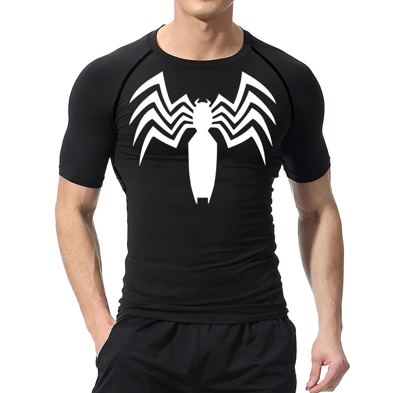 Spider Print Compression Shirts for Men Summer Short Sleeve Rash Guard Gym Workout Running Tshirt Athletic Quick Dry Tees Tops