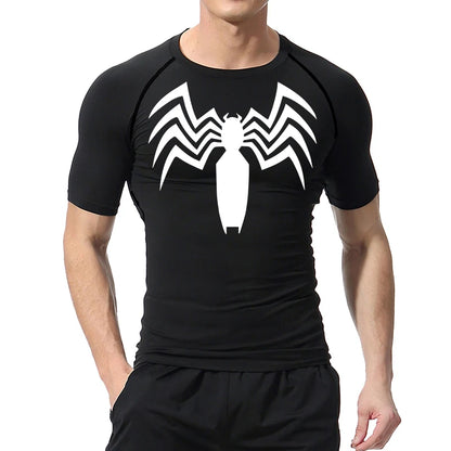 Spider Print Compression Shirts for Men Summer Short Sleeve Rash Guard Gym Workout Running Tshirt Athletic Quick Dry Tees Tops