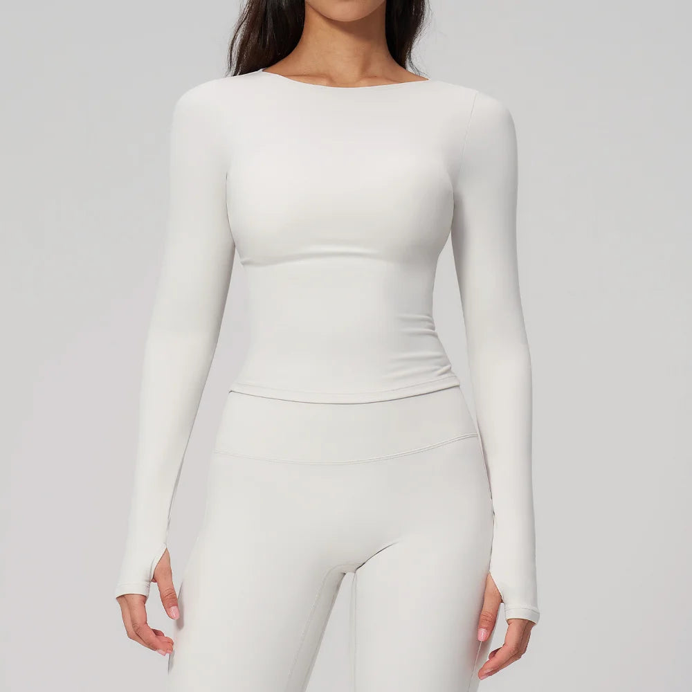 Women's Yoga Long Sleeve Slim Solid Color Fitness Top Gym Exercise Running Shirt Bare Feel Breathable High Elasticity Sports Top