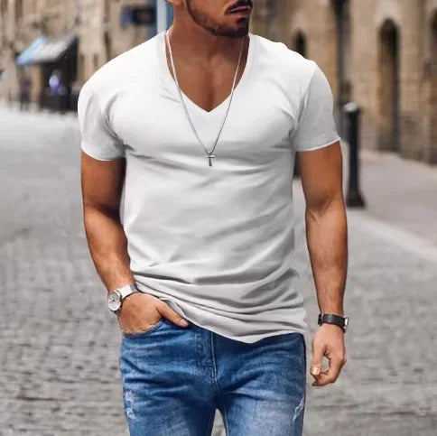 2025 Summer New Fashion Casual V-neck Men Solid Color exercise T-Shirts Men slim Quick-drying breathable thin short sleeve Tops