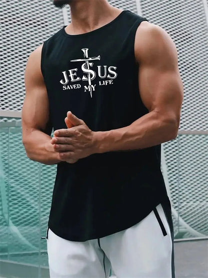 Men's Summer Sports T-Shirt Cross Print Running Tank Top Stretch Quick-Dry Athletic Top Fitness Sports Tank Men's Training Shirt