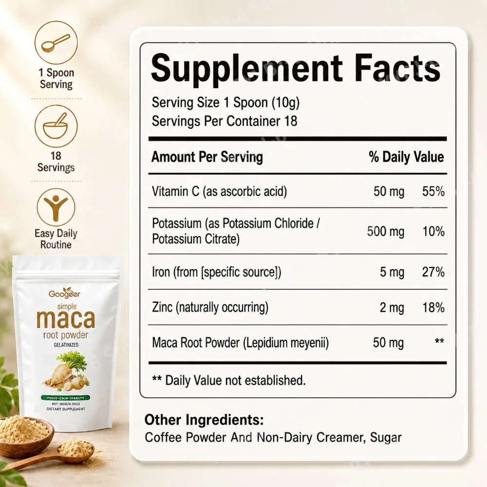 Googeer Maca Root Powder 180g Gelatinized Dietary Supplement Energy Focus Calm Balance Support Vitamin C Potassium Zinc Iron Mix