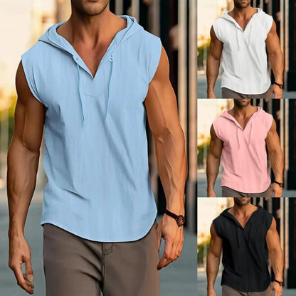 Summer Men's Sleeveless Hooded Pullover, Casual Lightweight Sleeveless Sports Top, Plain-Color Comfortable Hooded Sports Shirt