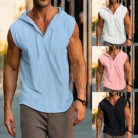 Summer Men's Sleeveless Hooded Pullover, Casual Lightweight Sleeveless Sports Top, Plain-Color Comfortable Hooded Sports Shirt