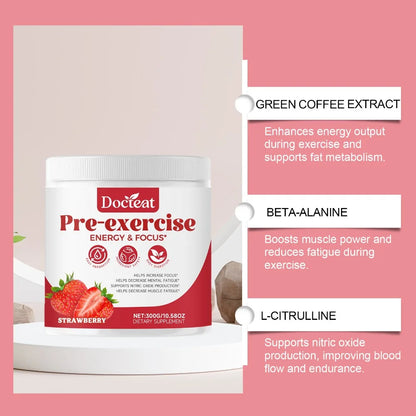 Docteat Pre Workout Powder Strawberry, Energy & Focus Support, Beta-Alanine, L-Citrulline, Rhodiola, 300g, 30 Servings Drink Mix