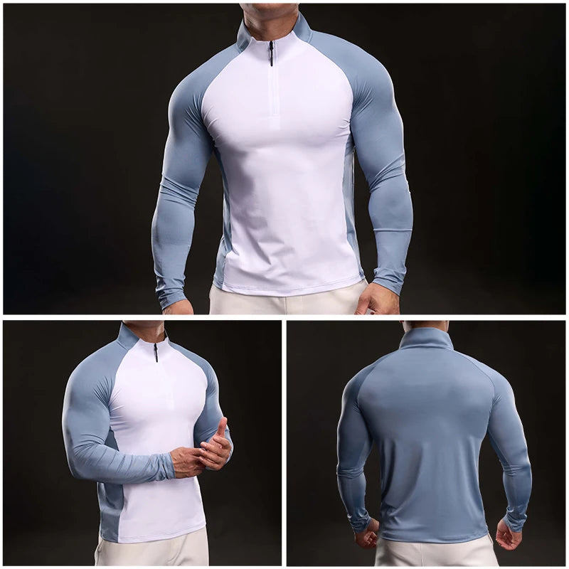 Men Fitness Quick Dry Sport Long Sleeves T-shirt Running Fitness Workout Breathable Sportswear Gym Shirt Half Zipper Long Sleeve