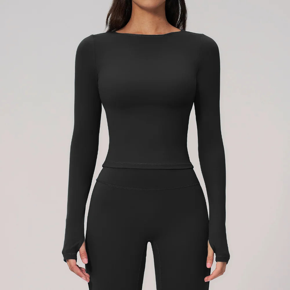Women's Yoga Long Sleeve Slim Solid Color Fitness Top Gym Exercise Running Shirt Bare Feel Breathable High Elasticity Sports Top
