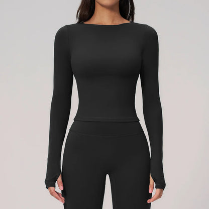 Women's Yoga Long Sleeve Slim Solid Color Fitness Top Gym Exercise Running Shirt Bare Feel Breathable High Elasticity Sports Top