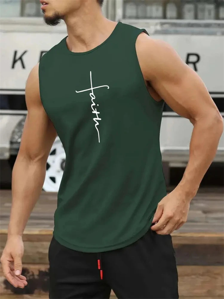 Men's Summer Sports T-Shirt Cross Print Running Tank Top Stretch Quick-Dry Athletic Top Fitness Sports Tank Men's Training Shirt