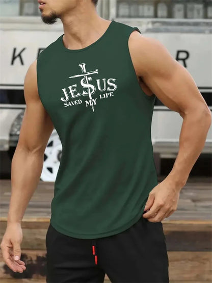 Men's Summer Sports T-Shirt Cross Print Running Tank Top Stretch Quick-Dry Athletic Top Fitness Sports Tank Men's Training Shirt